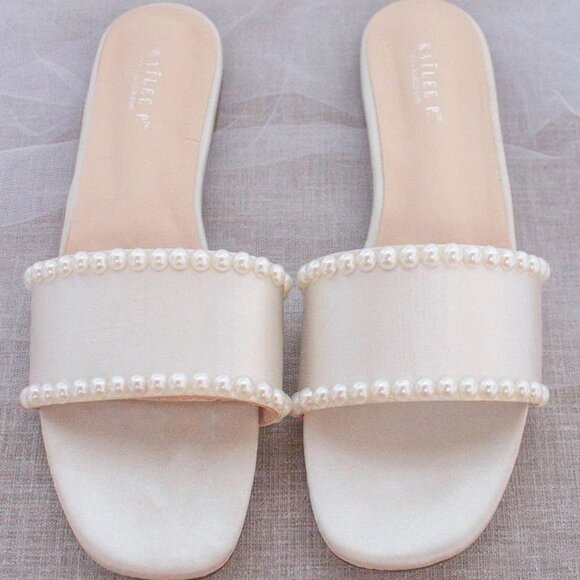 *NEW* Ivory Satin Slip on Sandals with Pearls - Picture 1 of 4